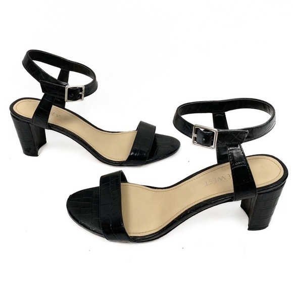 Nine West Women's Pixel City Croc Leather Block Heel Sandals, Black - Size 7 - Picture 6 of 10